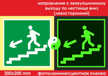 E14 направление к эвакуационному выходу по лестнице вниз (левосторонний) (ГОСТ 34428-2018, фотолюминесцентная пленка, 200х200 мм) - Знаки безопасности - Эвакуационные знаки - Магазин охраны труда и техники безопасности stroiplakat.ru